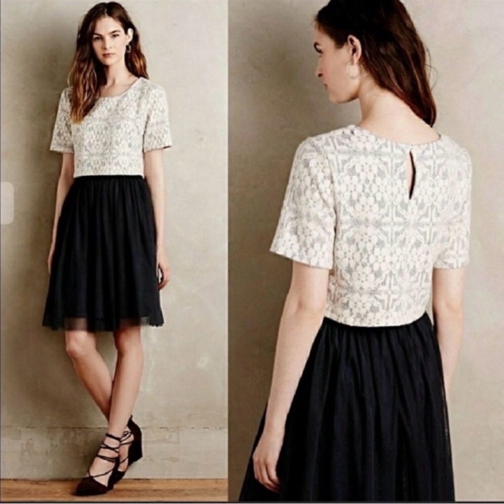 $168 ANTHROPOLOGIE NWT White Floral Lace & Dark Navy Tulle Dress – XL
